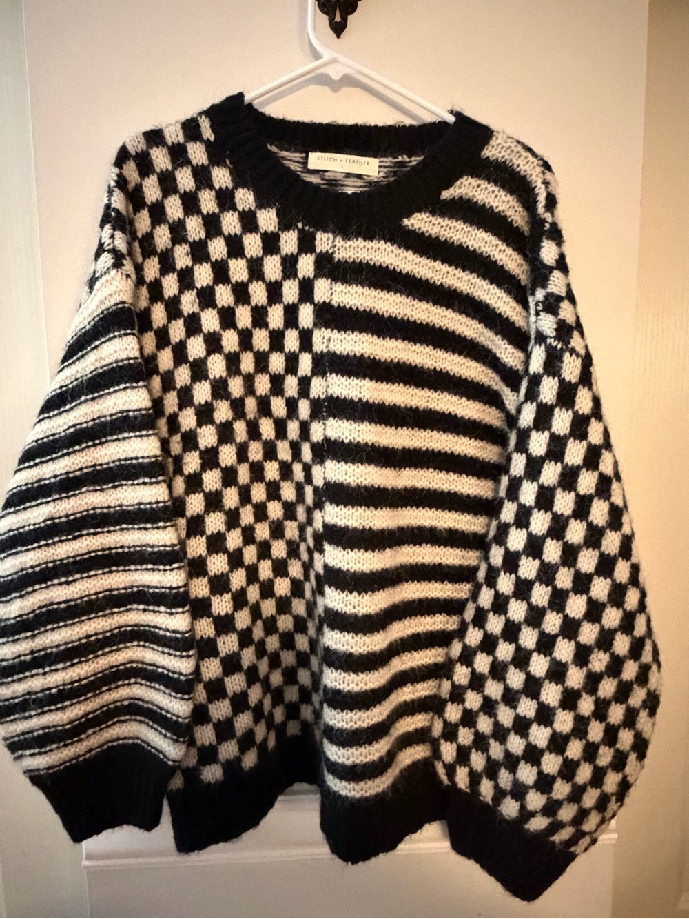 **NWOT Black & White Checkerboard Stripe Crewneck Sweater